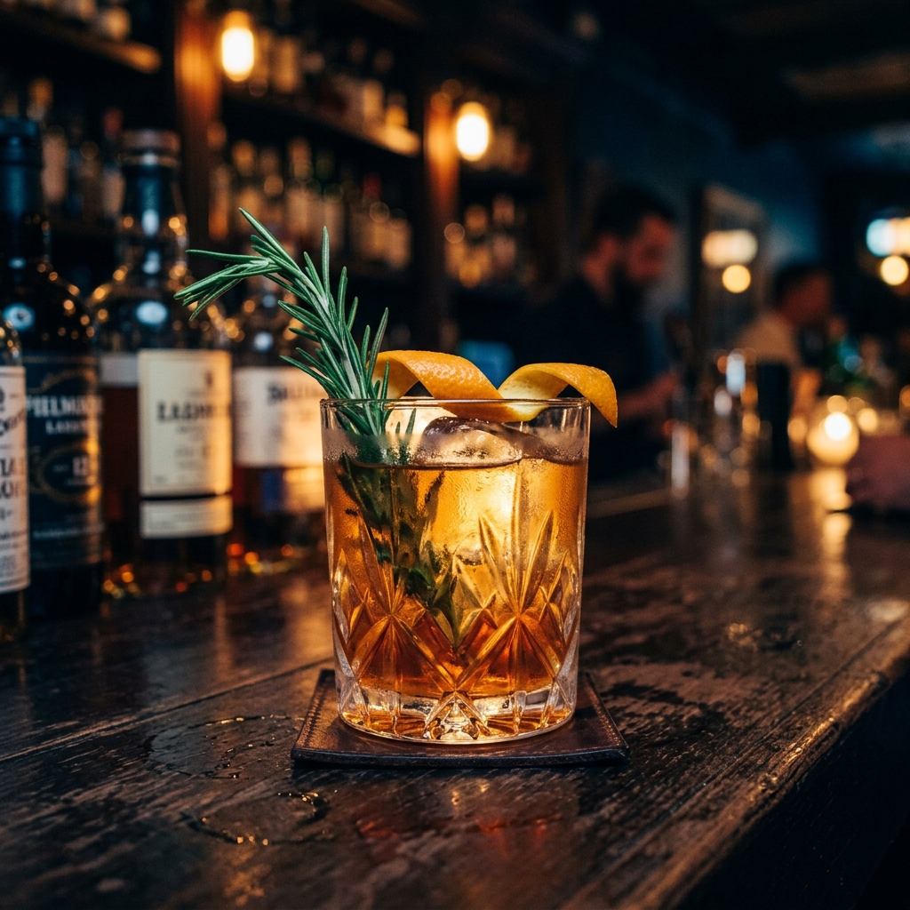 Cóctel artesanal en cristal sobre barra oscura con hierbas frescas
