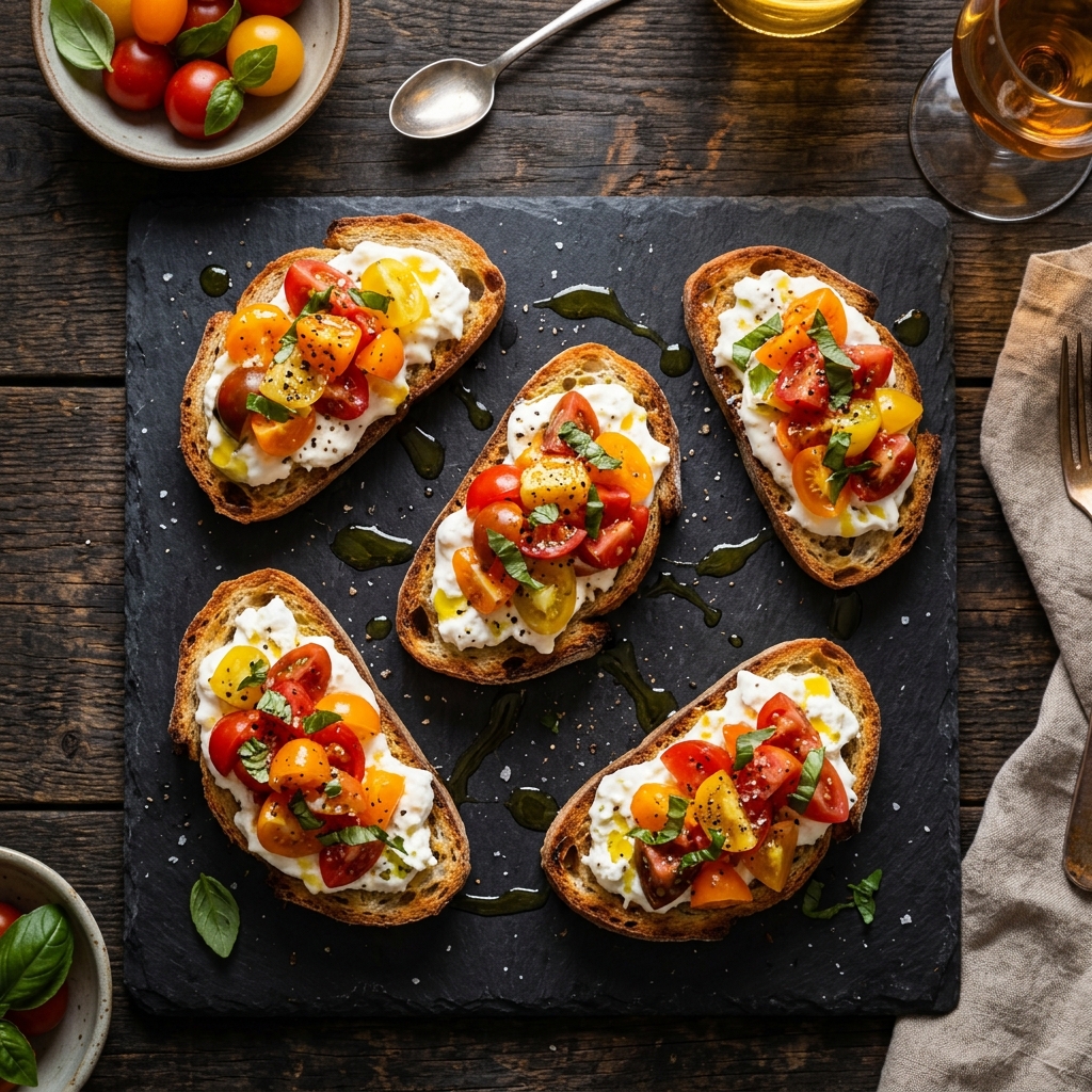 Bruschetta mediterránea con tomates frescos y burrata