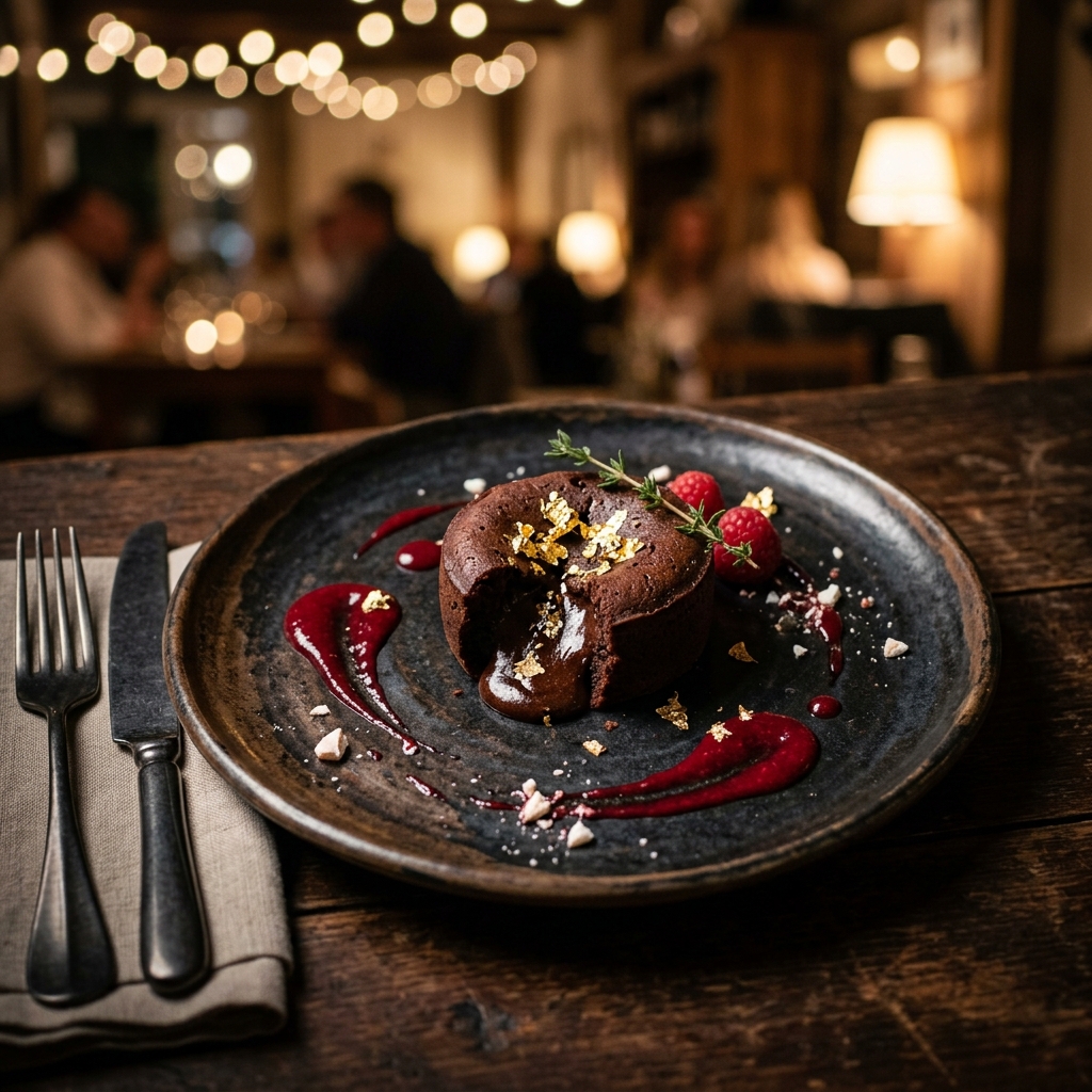 Postre artesanal — fondant de chocolate con hoja de oro