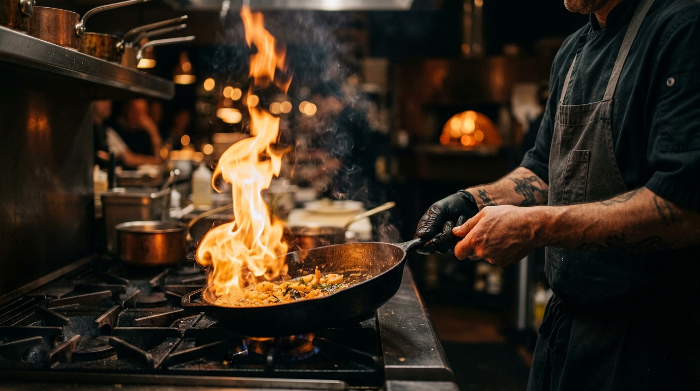 Chef flambéing plato de autor en EnBoca